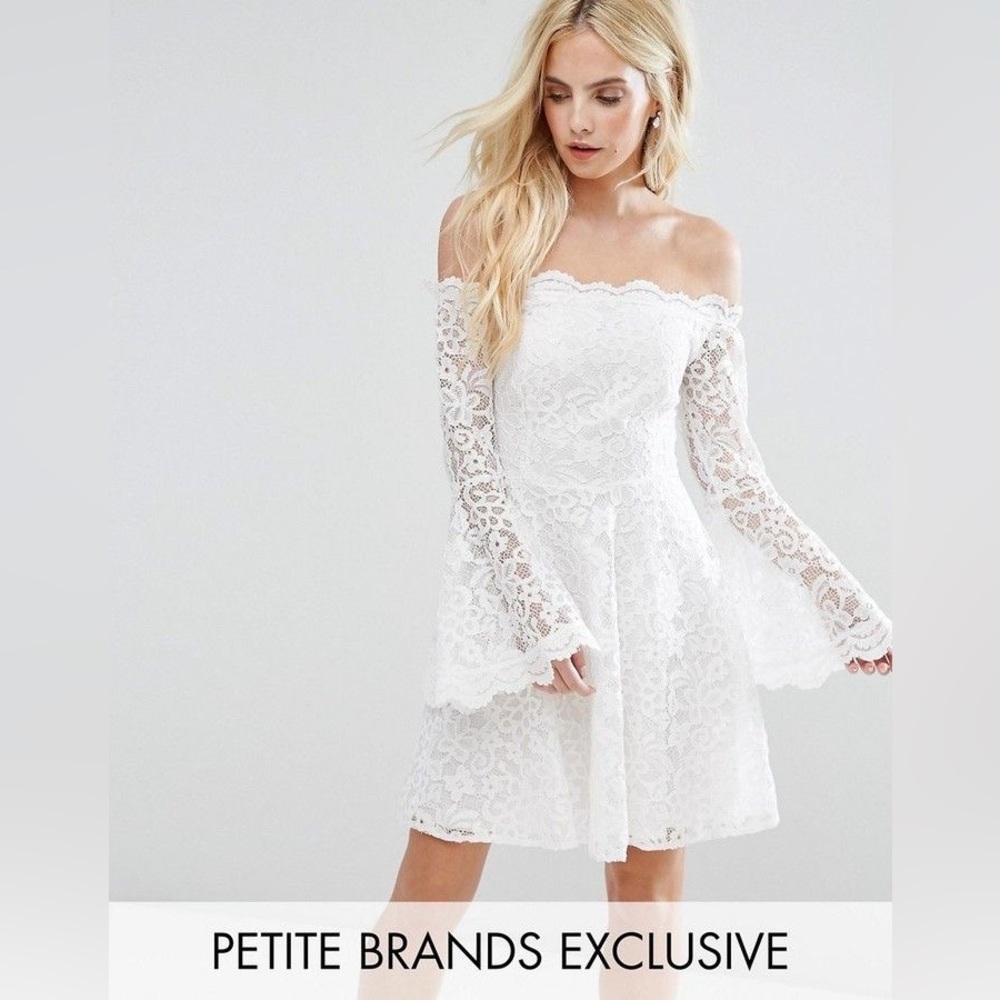 John Zack Petite Off Shoulder Allover Lace Mini Dress with Fluted Sleeve Detail